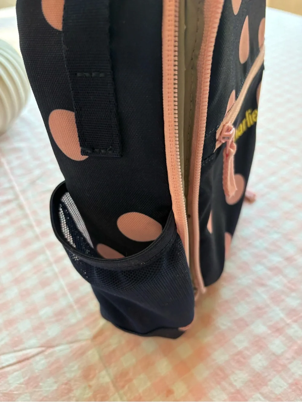 Lands' End Insulated Navy Lunch Bag with Pink Polka Dots